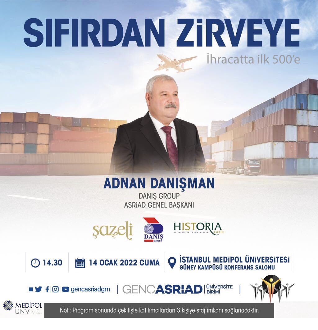 ASRİAD Genel Başkanımız Adnan Danışman'ın konuşmacı olarak katılacağı ve "Sıfırdan Zirveye" konusunu ele alacağımız etkinliğimiz Medipol Üniversitesinde gerçekleşecek olup etkinlik sonunda 3 şanslı kişiye staj imkanı sunulacaktır.

#ÖnceNitelik
#NitelikliGençlik