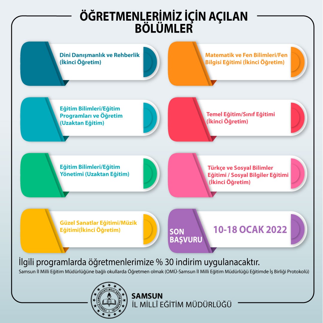 Müdürlüğümüz ile OMÜ arasında imzalanan Lisansüstü Eğitim İşbirliği Protokolü kapsamında  yer alan  yükseklisans programlarıyla  ilgili detaylı bilgiye  lisansustu.omu.edu.tr/2022/01/06/202… adresinden ulaşabilirsiniz.

<a href="/tcmeb/">Millî Eğitim Bakanlığı</a> <a href="/zulkifdagli/">Doç. Dr. Zülkif Dağlı</a> <a href="/gokhanmurat1/">Murat YİĞİT</a>