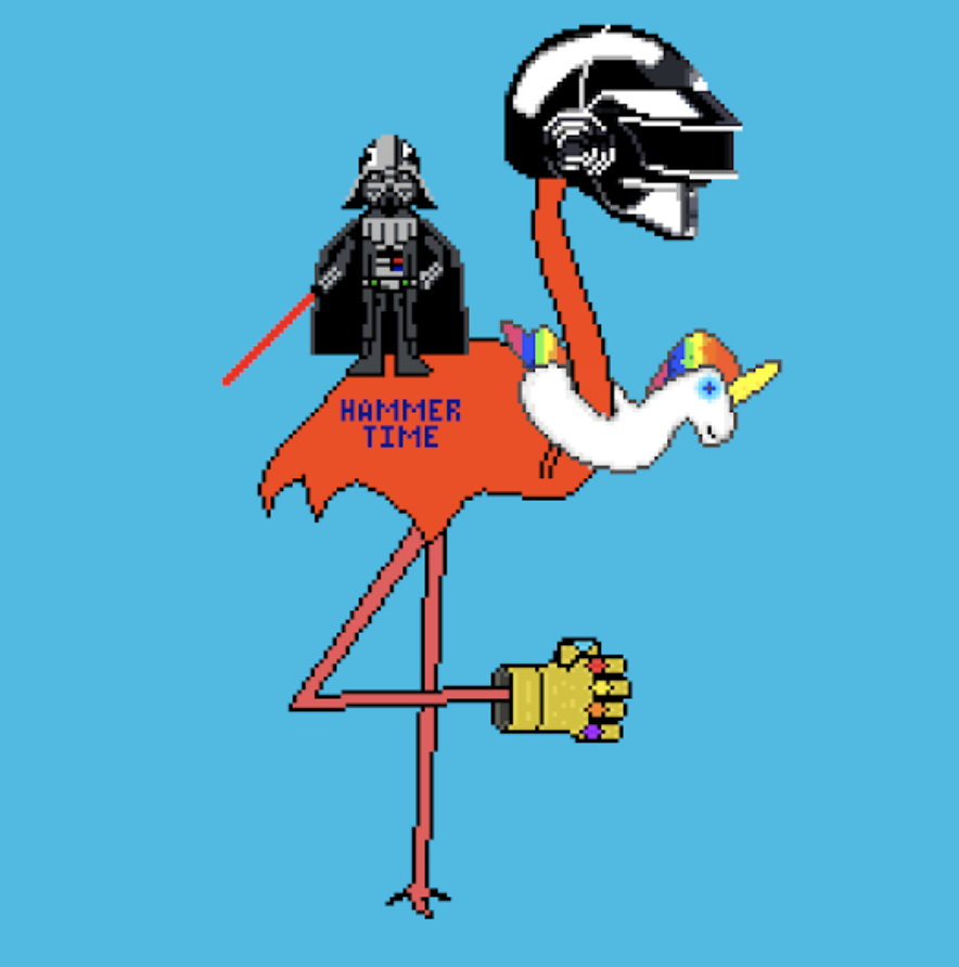 NFTland's tweet photo. When someone offers you a @ViolentFlamingo w/ a rainbow unicorn floaty, jeweled thanos glove, hammer time tattoo &amp; darth vader riding on it's back, i normally say yes🤷‍♂️🦩

I actually really appreciate the way @MCHammer entered the space so i'm digging the tattoo. Looks rare. https://t.co/pIiEH9t6KM