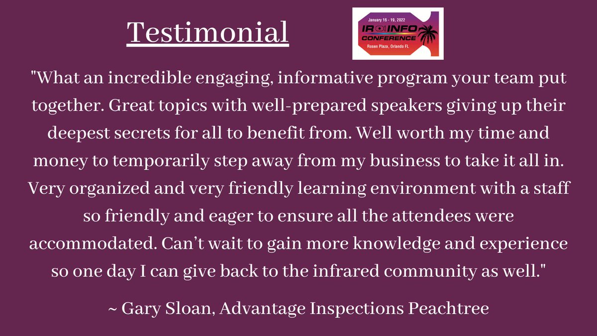 InfraspectionUS's tweet photo. See what our attendees are saying about IR/INFO! There's still time to register and join us at this year's conference at the Rosen Plaza Hotel in Orlando, Florida, January 16-19. Get all the details on our website: https://t.co/9rZ1yup9p6
#infrared #thermography #thermographer https://t.co/aTPlUfyWwA