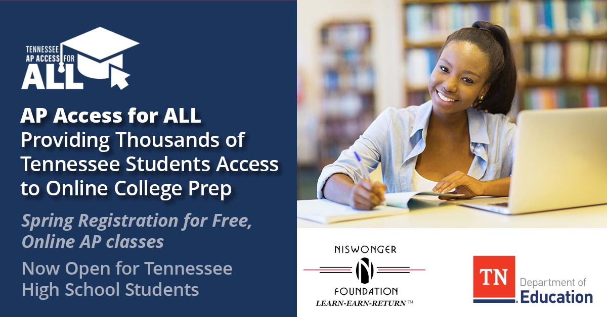 ATTN: TN Students! Don't miss the deadline to register for #APAccessforALL courses offered this semester! The deadline has been extended to Jan. 12th to register for Spring AP Online courses. Enroll today by visiting tnapaccessforall.org/students.