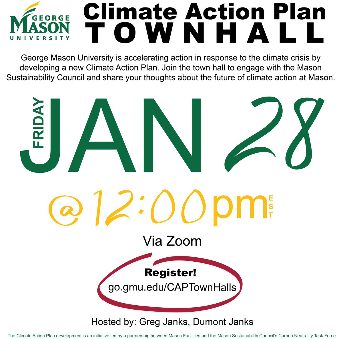 GeorgeMasonISE's tweet photo. Help @GeorgeMasonU develop a new Climate Action Plan! All are invited to join the 3rd CAP Town Hall at Noon on Friday 1/28 via zoom. Come share your thoughts. Register here:
https://t.co/83QT7VeXIR
@greengmu @MasonFacilities. https://t.co/xFI2mBH338