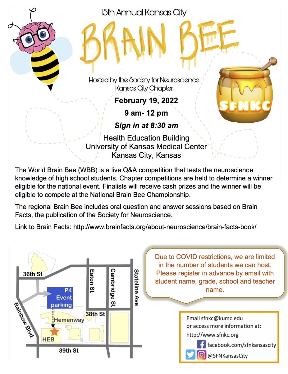 It’s that time of year again! Brain Bee 2022 will be on February 19th!!  Don’t miss out on your chance to compete for a cash prize! Email sfnkc@kumc.edu to register in advance 🍯🐝