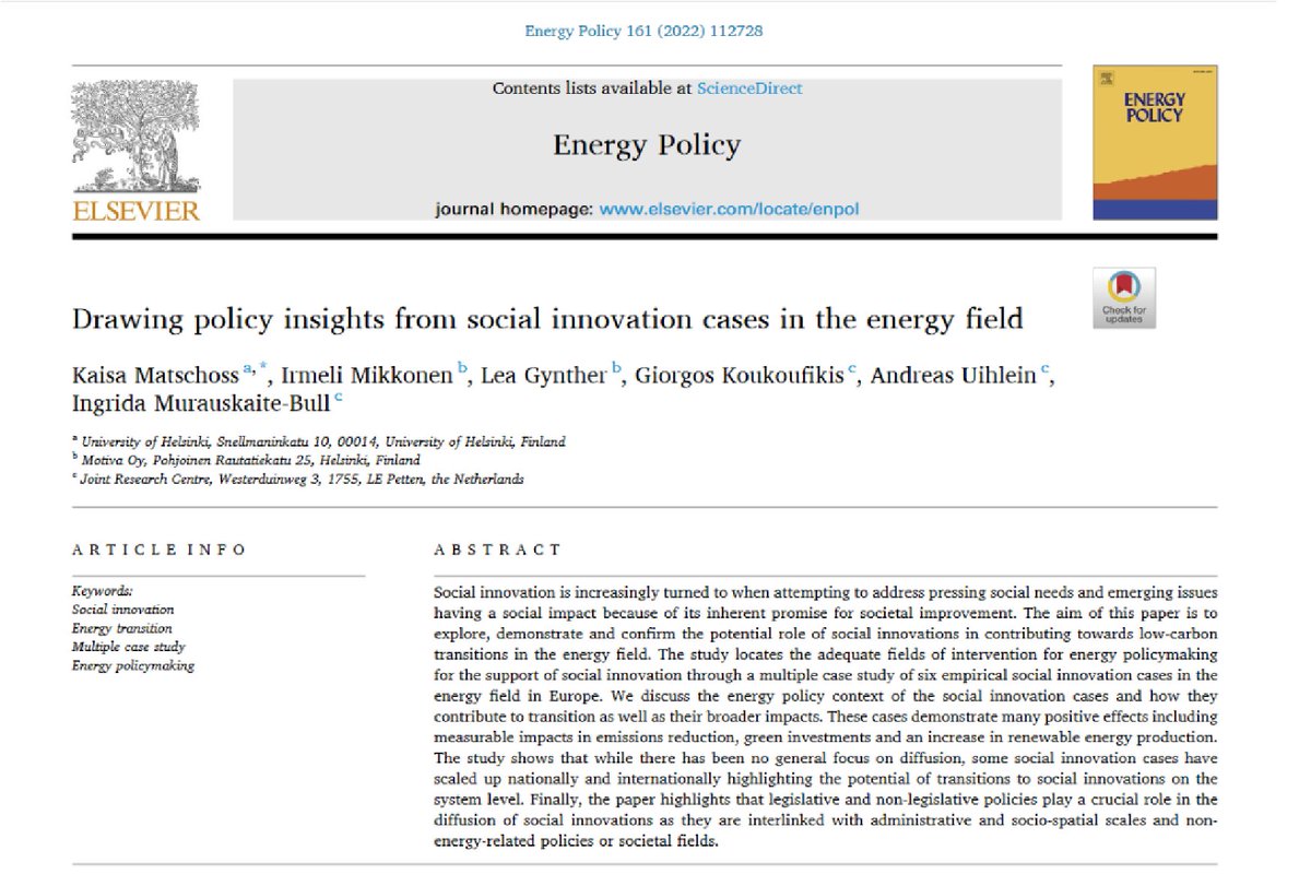 Social innovation can help implement the #energy transition in multiple ways 🌍 Our recent paper discusses social impacts created by 6 social innovation cases in Europe and how policies can further support their emergence and growth. Summary available here bit.ly/3qghLi3