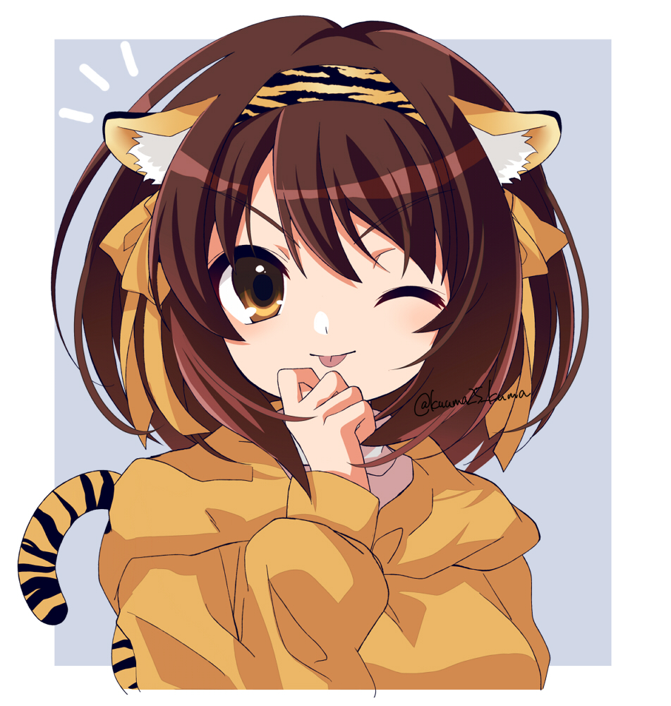 suzumiya haruhi 1girl solo animal ears brown hair tongue one eye closed brown eyes  illustration images