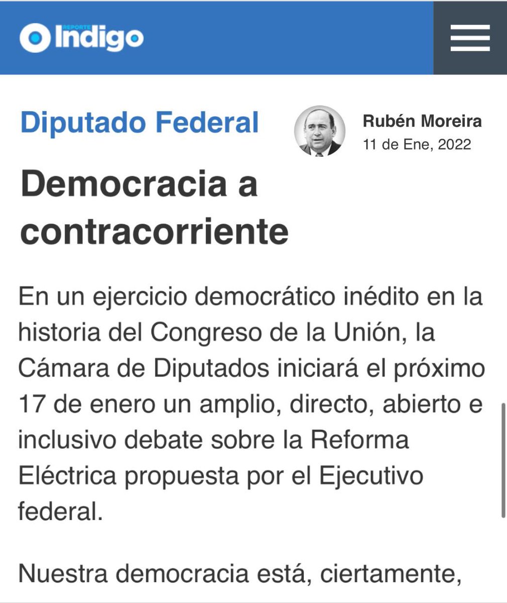 En un ejercicio democrático inédito en la historia del Congreso de la Unión, la <a href="/Mx_Diputados/">H. Cámara de Diputados</a> iniciará el próximo 17 de enero un amplio, abierto e inclusivo debate sobre la Reforma Eléctrica.

“Democracia a contracorriente” mi columna en <a href="/Reporte_Indigo/">Reporte Índigo</a>:

reporteindigo.com/opinion/democr…