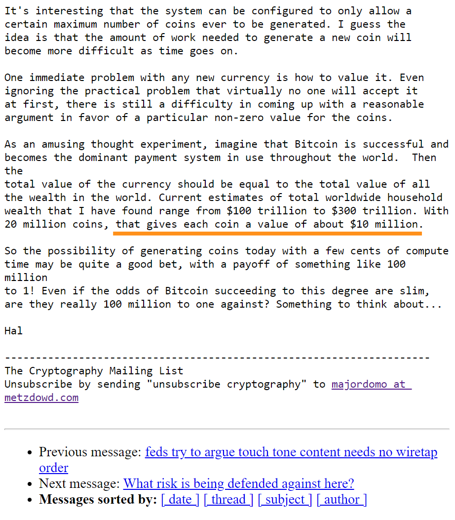 A visionary of our time. Hal Finney sent this email only days after #Bitcoin was created. A coin had no value whatsoever, they were still worth $0.00 for a entire year after this. 🤯