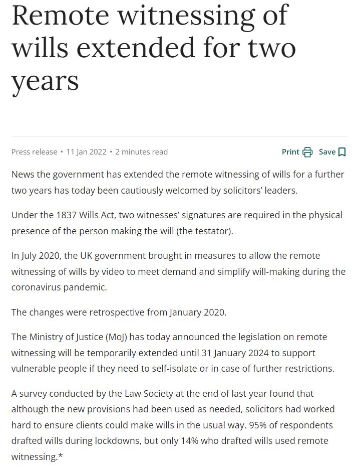The Law Society (@thelawsociety) on Twitter photo We cautiously welcome the news the government has extended the remote witnessing of #wills for a further 2 years.
<a href="/LawSocPresident/">Law Society President</a> says: “Solicitors have bent over backwards to ensure their clients have been able to make valid wills during the pandemic"
lawsociety.org.uk/contact-or-vis… We cautiously welcome the news the government has extended the remote witnessing of #wills for a further 2 years.
<a href="/LawSocPresident/">Law Society President</a> says: “Solicitors have bent over backwards to ensure their clients have been able to make valid wills during the pandemic"
lawsociety.org.uk/contact-or-vis…