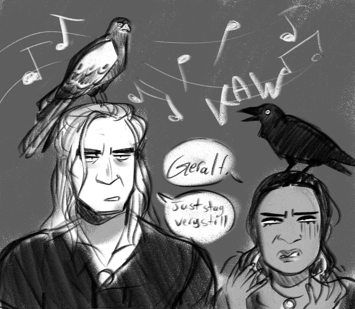 Got an absolutely adorable kofi request from @Recarmdra  thank you so much for the support!!!!! Now enjoy jaskier singing to all his pretty birds and maybe accidentally pestering geralt and yennefer with them ❤️ 