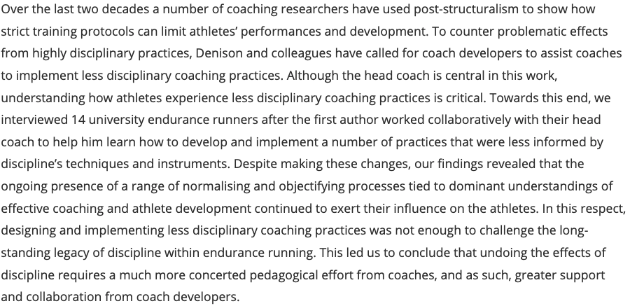 Brian Gearity (@drgearity) on Twitter photo Ring in 2022 with new ways to reflect on coaching?
See this paper by
@DU_sport_coach Professor @DrMJoe228 & colleagues <a href="/konovaltim/">Tim Konoval</a> & <a href="/Research_BMC/">Body, Movement and Culture Research Group</a>
A bit more critical research on coaching coming out & support for learning is important
zcu.io/4zLH
#coached #ducoach Ring in 2022 with new ways to reflect on coaching?
See this paper by
@DU_sport_coach Professor @DrMJoe228 & colleagues <a href="/konovaltim/">Tim Konoval</a> & <a href="/Research_BMC/">Body, Movement and Culture Research Group</a>
A bit more critical research on coaching coming out & support for learning is important
zcu.io/4zLH
#coached #ducoach