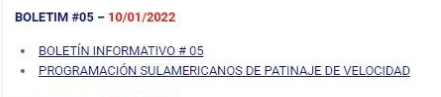 Adjunto el Boletín Informativo # 5 y el Programa tentativo de Competencias para los Eventos de Patinaje de Velocidad, de los I Juegos Sudamericanos de Deportes sobre Ruedas San Juan 2021

cbhp.com.br/site/wp-conten…

cbhp.com.br/site/wp-conten…
 
cbhp.com.br/site/boletins-…

 CSP
