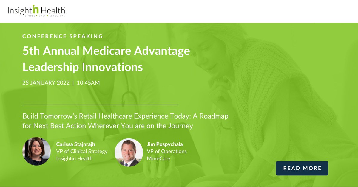 InsightinHealth's tweet image. Building Tomorrow’s Retail Healthcare Experience Today - Join our panel at the 5th Annual Medicare Advantage Leadership Innovations on January 25th at 10:45AM.  #medicareadvantage #healthcare #healthierpopulation #NextBestAction hubs.li/Q011RvXS0