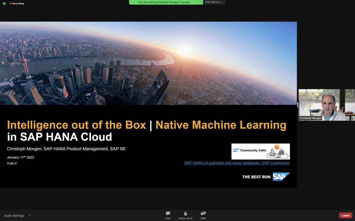 #SAPCommunity call with @christophmorgen on the topic of Native #MachineLearning in #SAPHANA Cloud just has started.

Here is the link to join: sap-se.zoom.us/webinar/regist…