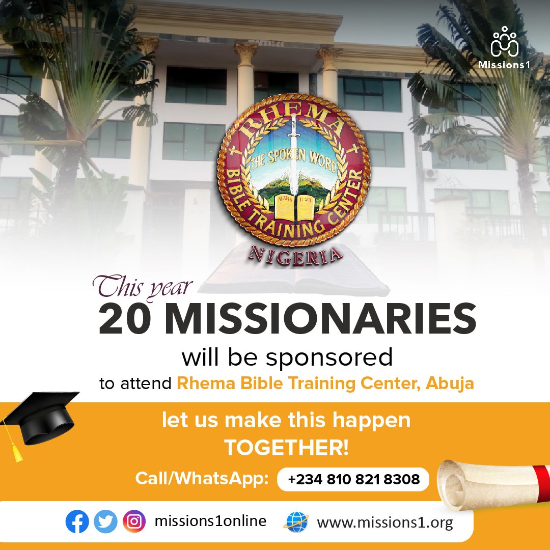 Missions1online's tweet image. This year (2022) we intend to sponsor 20 missionaries to attend Rhema Bible Training Center, Abuja. With your support we can make this happen together.

#missions1 #missionssupport #rhema #abuja #missionaries