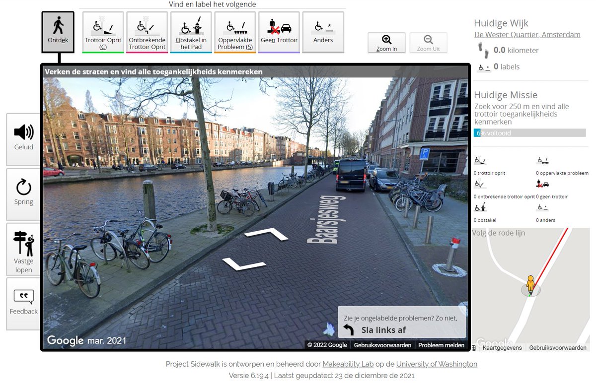 Screenshot of Project Sidewalk's pilot deployment in Amsterdam showing interface elements in Dutch. The street scene has a river canal, a narrow street, and parked bicycles