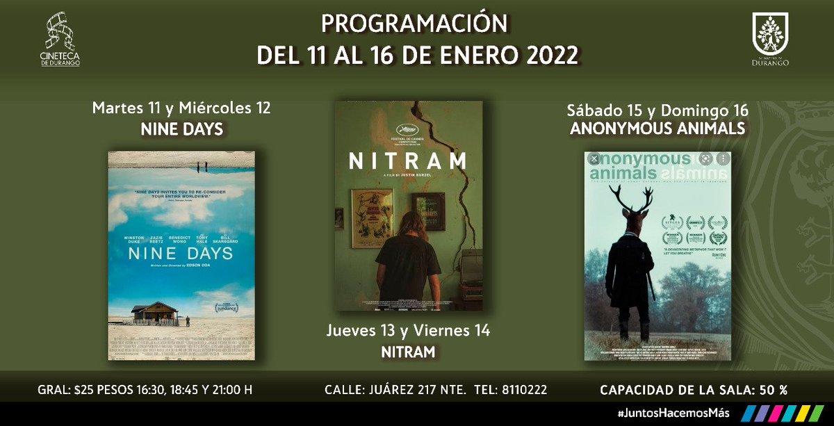 🎬 Te presentamos las películas que se proyectarán del 11 al 16 de enero en la <a href="/CinetecaDurango/">Cineteca De Durango</a>

📌Funciones: 16:30, 18:45 y 21:00 h.
📢Contamos con estrictas medidas sanitarias de limpieza y desinfección. 
🎬 Capacidad de la sala al 50%. 
#NoBajemosLaGuardia