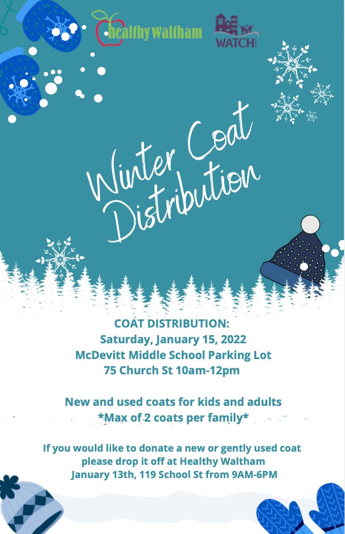 CityofWaltham's tweet image. Please share to those in need! A free winter coat distribution will be held at McDevitt Middle School parking lot this Saturday, Jan 15th from 10am-12pm. Coats available for kids and adults - Max of 2 coats per family: