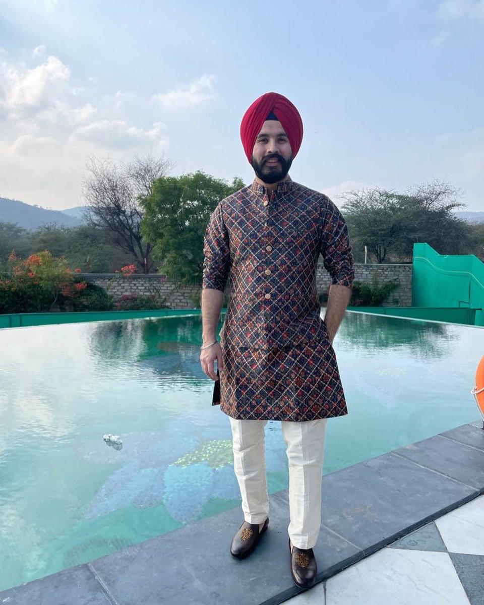 Silk kurta paired with matching waist coat for a morning outdoor event