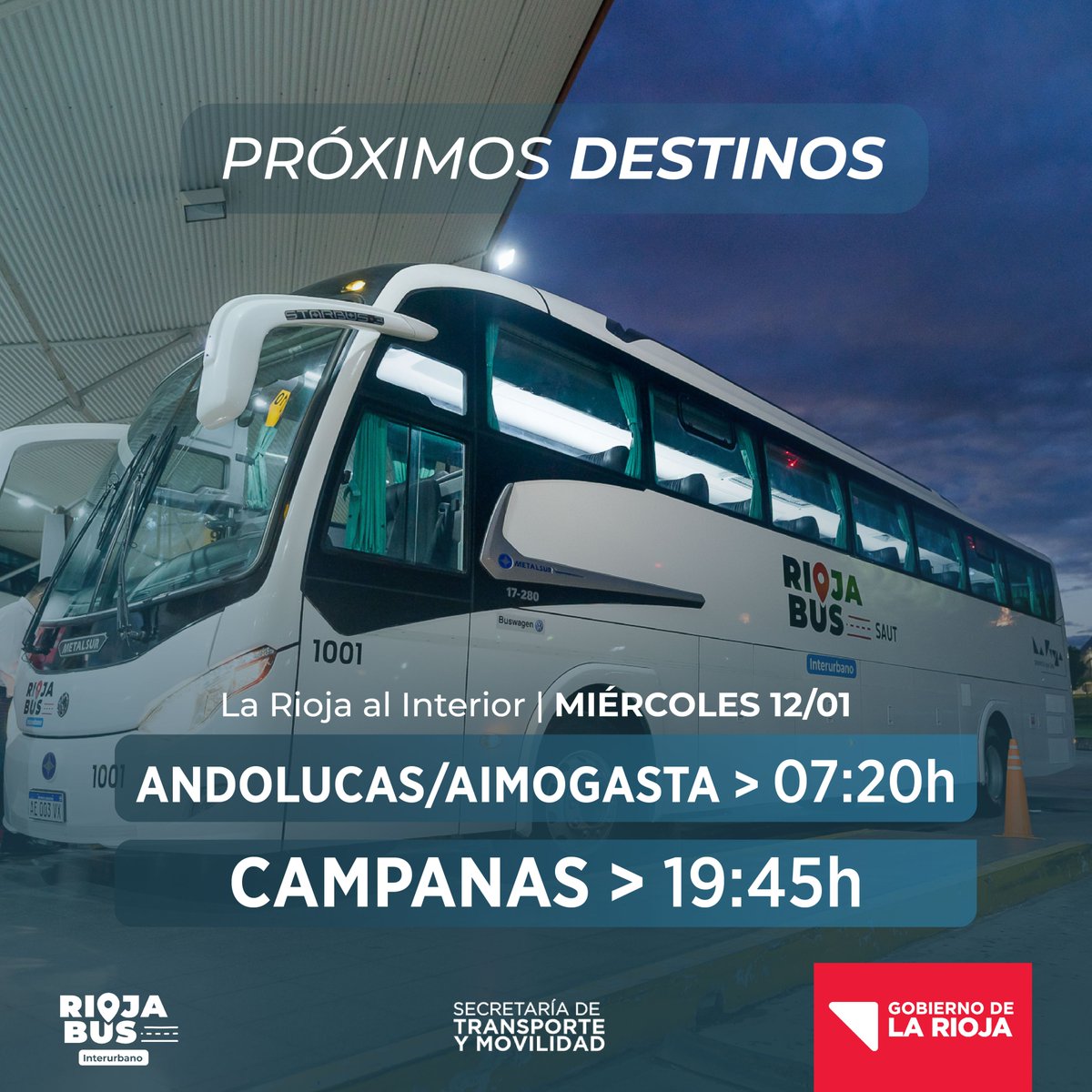 rbinterurbano's tweet photo. 📢 MIÉRCOLES 12/01

Te compartimos los destinos y horarios de nuestro servicio para mañana miércoles 12 de enero

👉Recordá que por cualquier consulta podés comunicarte al:

📞3804 913285
📞3804 913279
📞0800 444 0353 (opción 4)

@ALCIRA08 @GustavoTelloRo3 @GobDeLaRioja https://t.co/ihlMRvifGP