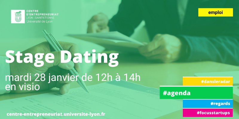 Agenda - Stage dating startups/étudiants 📅 Le 28/01 de 12h à 14h, le @CE_Lyon_SE organise une rencontre en visio avec les #startups du Centre pour vous aider à trouver un stage. Inscrivez-vous vite par ici 👉 bit.ly/3qgWTXT #recrutement #emploi #entretien #job