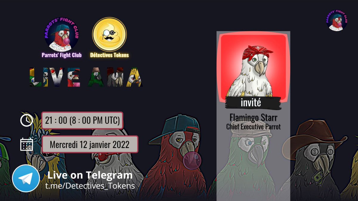 <a href="/ParrotsFight/">Parrots’Fight Club</a> Ce Mercredi 12 Janvier à 21h
Sur le chanel: t.me/Detectives_Tok…

#GiveAway 2 NFT à gagner en fin de conférence vocale.
 
Condition:
➡️ Like/Retweet
➡️ ajoute ton pseudo Telegram en commentaire

#ETH #BTC #NFT #NFTdrop
#Cryptofrance #Cryptofr
#BSC #Play2Earn
<a href="/ParrotsFight/">Parrots’Fight Club</a>