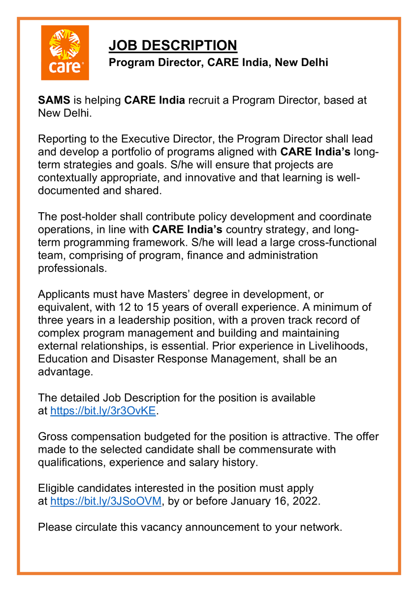 SAMSJobs's tweet photo. Vacancy for Program Director, CARE India, New Delhi
Please view the attachment and visit https://t.co/PUlwsWyqUs for details.
#ProgramManagement #Leadership #Livelihoods #DisasterPreparedness #EducationProgrammes https://t.co/sRweHLjJS4