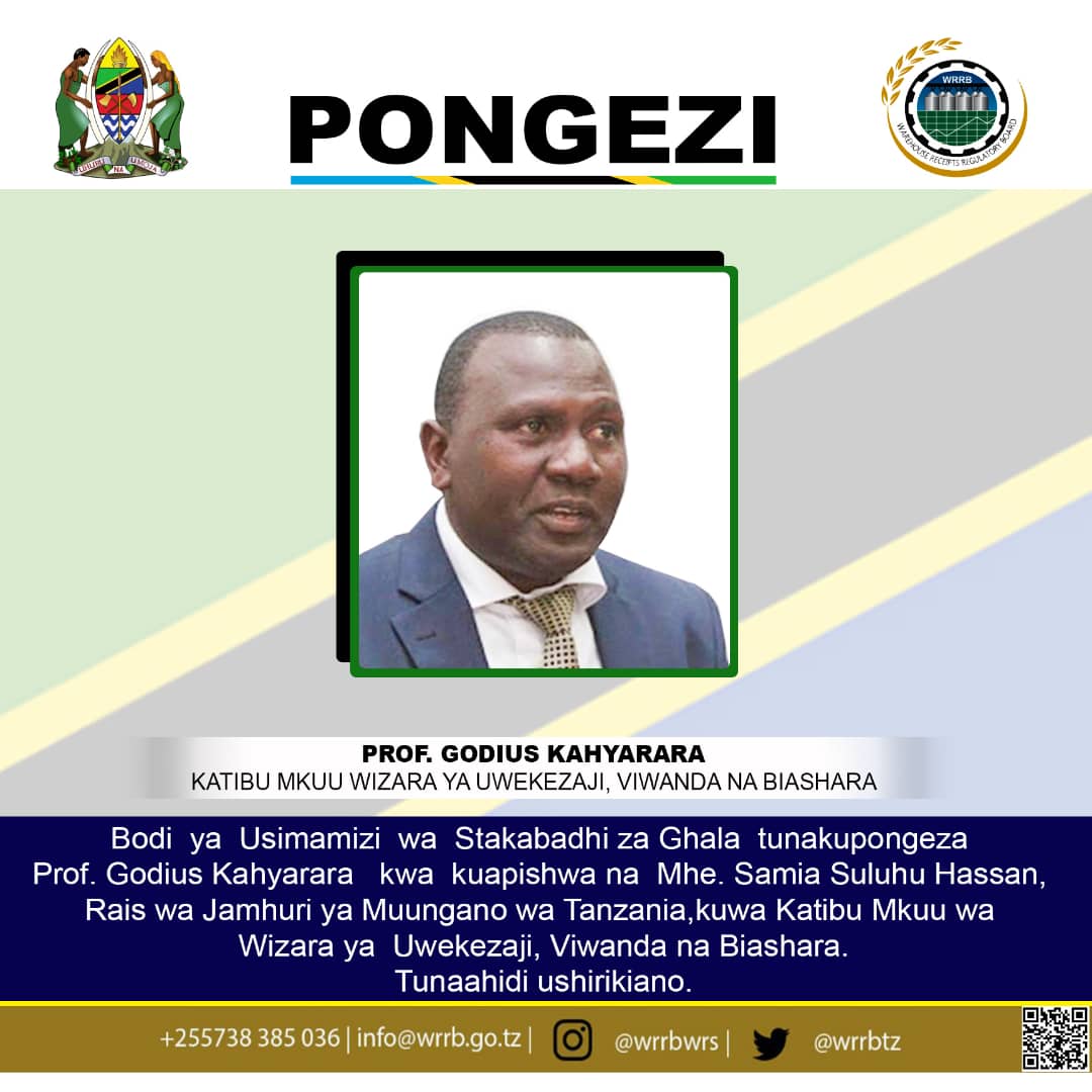 PONGEZI KUTOKA KWA BODI YA USIMAMIZI WA STAKABADHI ZA GHALA (WRRB)

Pongezi kwa Prof. Godius Kahyarara kwa kuapishwa kuwa Katibu Mkuu wa Wizara ya Uwekezaji, Viwanda na Biashara. 

WRRB Tunaahidi Ushirikiano
#kazi_iendelee 
#WRRB_2022