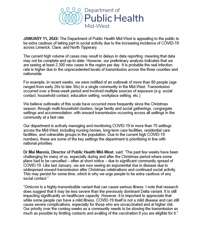 Public Health HSE Mid West (@publichealthmw) on Twitter photo ๐จ ๐๐ข๐ฉ๐๐-๐ญ๐ต ๐๐ฝ๐ฑ๐ฎ๐๐ฒ ๐ถ๐ป ๐๐ต๐ฒ ๐ ๐ถ๐ฑ-๐ช๐ฒ๐๐
We are appealing to the public to be extra cautious of social activity due to the increasing incidence of COVID-19. Our preliminary analysis indicates we are seeing at least 2,300 new cases in the region per day ๐จ ๐๐ข๐ฉ๐๐-๐ญ๐ต ๐๐ฝ๐ฑ๐ฎ๐๐ฒ ๐ถ๐ป ๐๐ต๐ฒ ๐ ๐ถ๐ฑ-๐ช๐ฒ๐๐
We are appealing to the public to be extra cautious of social activity due to the increasing incidence of COVID-19. Our preliminary analysis indicates we are seeing at least 2,300 new cases in the region per day