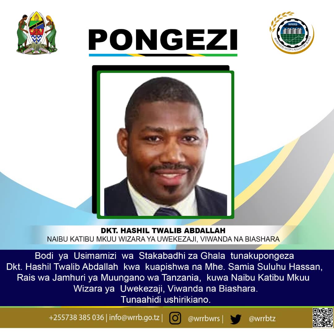 PONGEZI KUTOKA KWA BODI YA USIMAMIZI WA STAKABADHI ZA GHALA (WRRB)

Pongezi kwa Dkt. Hashil Twalib Abdallah kwa kuapishwa kuwa Naibu Katibu Mkuu wa Wizara ya Uwekezaji, Viwanda na Biashara. 

WRRB Tunaahidi Ushirikiano
#kazi_iendelee 
#WRRB_2022