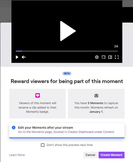 zachbussey's tweet photo. Twitch appears to be launching something called "Moments". 

The idea appears to be centered around highlighting key moments of your stream and granting an exclusive badge for the month to the people who were there for it.

No timeline on release.

#TwitchNews https://t.co/43WocDobUS