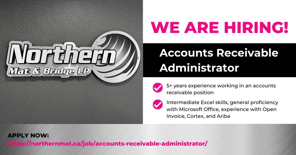 NorthMatBridge's tweet image. Now Hiring: Accounts Receivable Administrator

We are currently searching for an Accounts Receivable Administrator to join our team in either Grande Prairie or Calgary, AB.

Hit the link for a full job description, requirements, and how to apply  👇
 
bit.ly/3ffzRu1