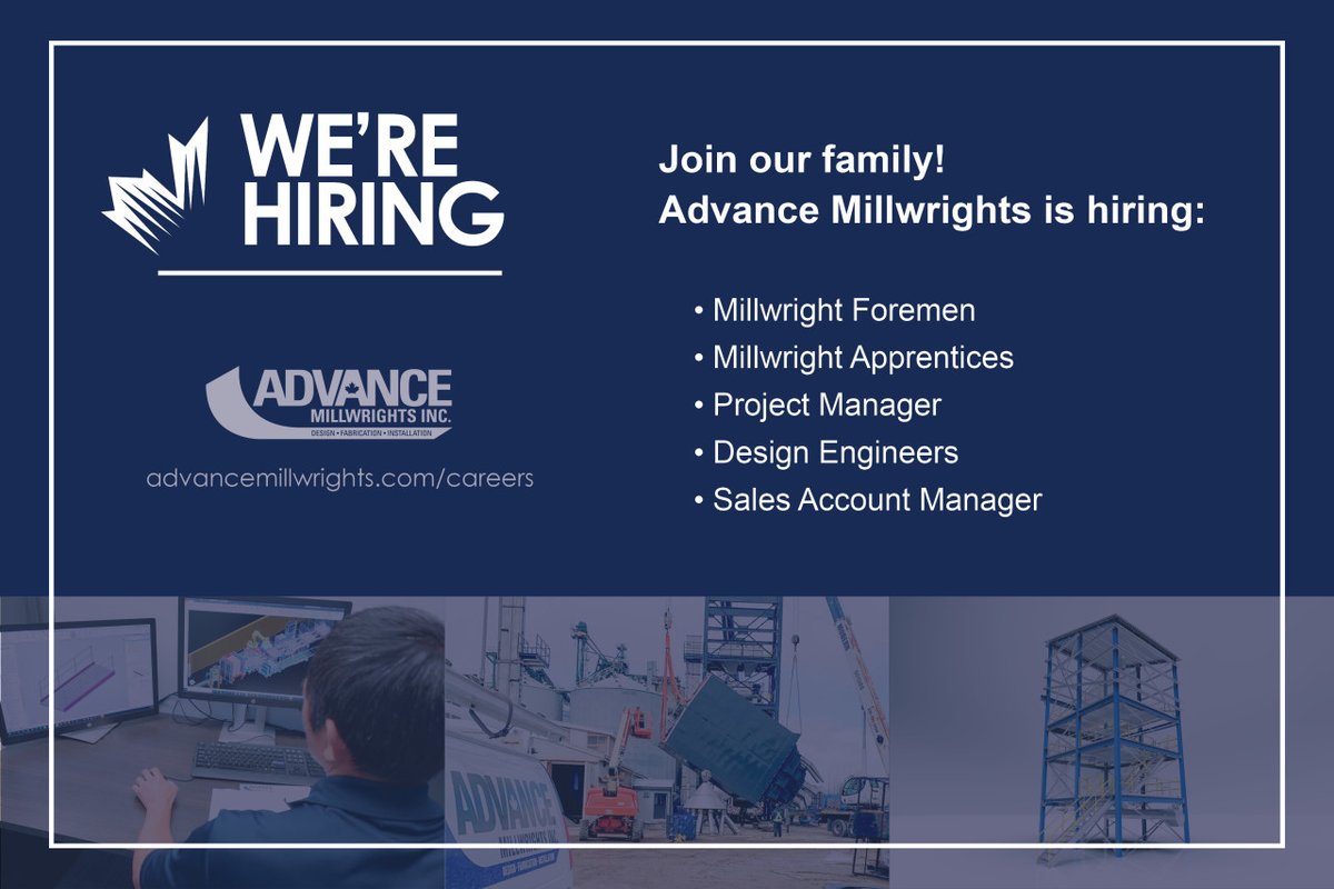 WE'RE HIRING!

Advance Millwrights has a number of exciting opportunities to join our growing team. Apply here: bit.ly/3JXuHkC

#Hiring #WereHiring
