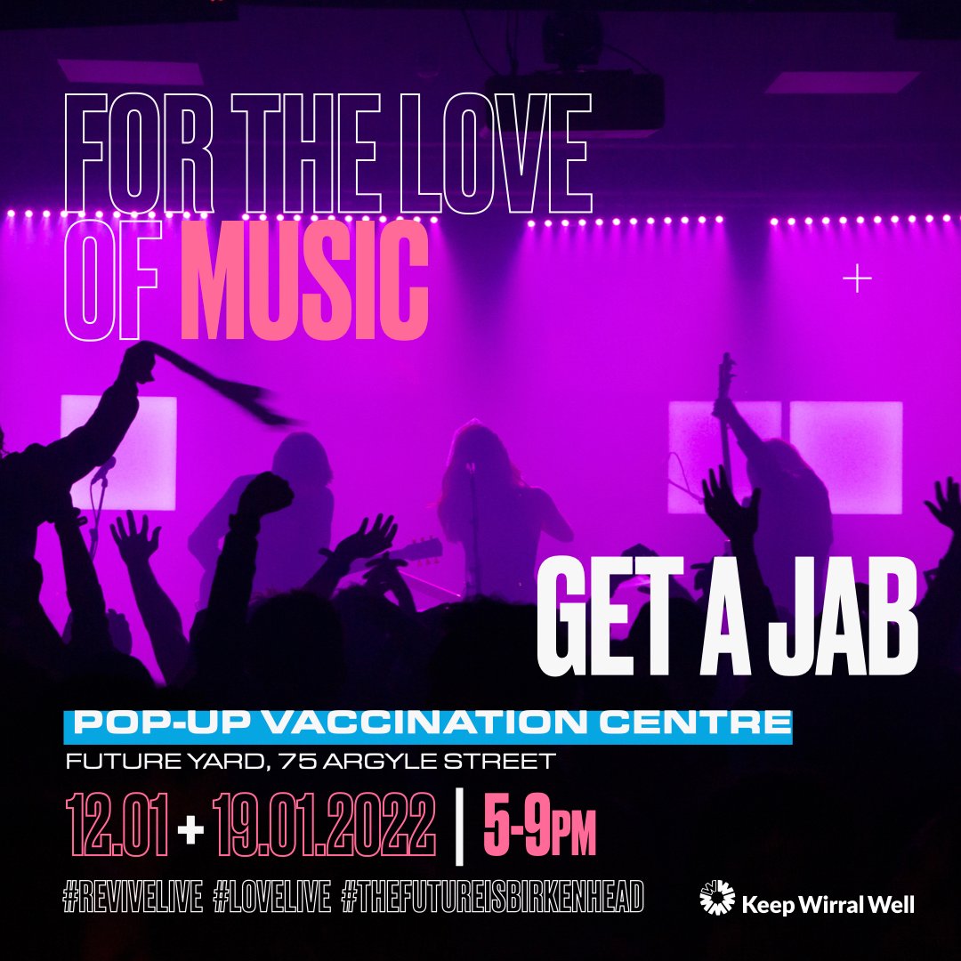 For the love of music…get a jab! 🎵💉 <a href="/future_yard/">Future Yard</a> in Birkenhead is hosting a pop-up vaccination clinic on Wed 12 &amp; 19 January (5-9pm).

1st, 2nd &amp; Booster are available for 16+
#TheFutureisBirkenhead