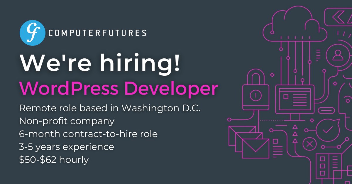 computerfutures's tweet photo. A non-profit in the Healthcare industry is looking for a WordPress Developer for a contract-to-hire role! 
Apply on the Computer Futures website: https://t.co/o9sp9AJlT1 

Any questions? Just ask Lisa Wong!

#wordpress #websitedeveloper #techjobs #computerfutures #healthcare https://t.co/4dFVCa94dY