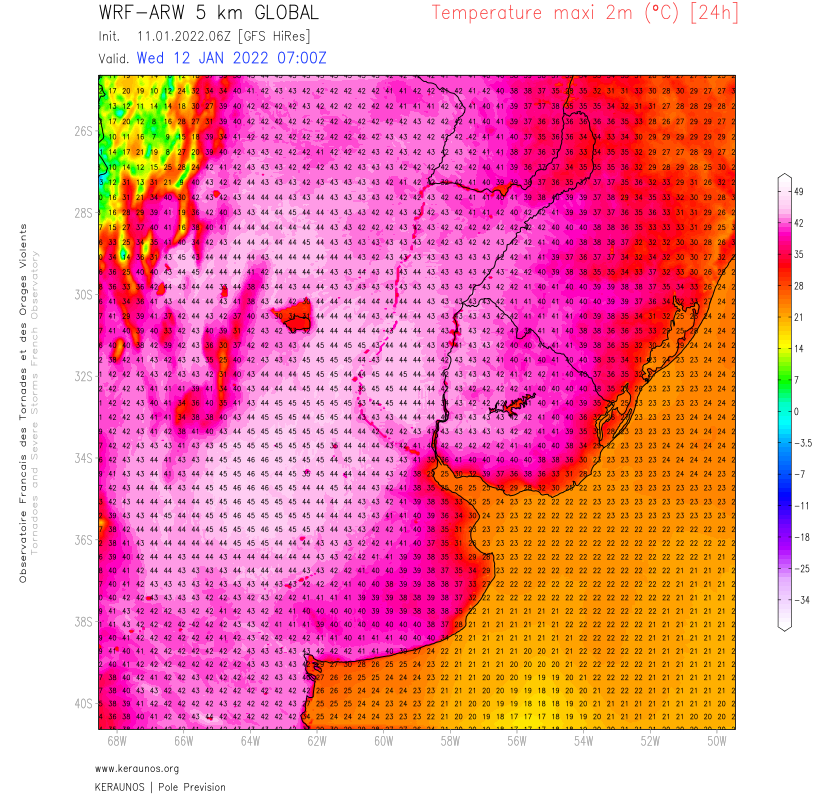 La vague de chaleur s'installe en #Argentine avec près de 40°C auj à #BuenosAires, ce qui n'était plus arrivé en janvier depuis plus de 60 ans.

Demain, pause pour la capitale mais jusqu'à 45°C possibles selon ARW 5 km entre province de Buenos Aires et la Pampa notamment. 