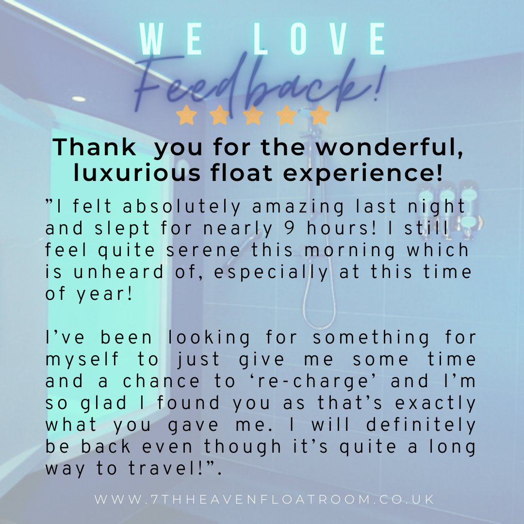 We all love feedback… because that’s how we continually improve &amp; evolve! Being able to provide a safe, quiet &amp; private space to relax, re-charge and just be still was very important to us. 
#7thheavenfloatroom #floatationtherapy #fleethampshire #luxury #wellness #feedback