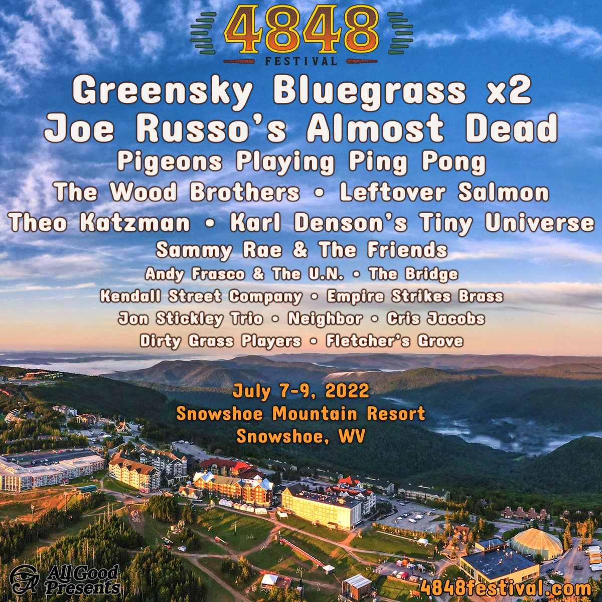 4848festival (@4848festival) on Twitter photo We can't wait to return to <a href="/snowshoemtn/">snowshoemtn</a> July 7 - 9 for our third 4848 Festival!
Full details at 4848festival.com & tickets/room packages go on sale Fri. Jan. 14 @ 10 AM ET.
<a href="/campgreensky/">Greensky Bluegrass</a> <a href="/RussoAlmostDead/">JoRu Almost Dead</a> <a href="/pigeonsplaying/">Pigeons Playing Ping Pong</a> <a href="/TheWoodBrothers/">The Wood Brothers</a> <a href="/LeftoverSalmon/">Leftover Salmon</a> <a href="/theokatzman/">theokatzman</a> We can't wait to return to <a href="/snowshoemtn/">snowshoemtn</a> July 7 - 9 for our third 4848 Festival!
Full details at 4848festival.com & tickets/room packages go on sale Fri. Jan. 14 @ 10 AM ET.
<a href="/campgreensky/">Greensky Bluegrass</a> <a href="/RussoAlmostDead/">JoRu Almost Dead</a> <a href="/pigeonsplaying/">Pigeons Playing Ping Pong</a> <a href="/TheWoodBrothers/">The Wood Brothers</a> <a href="/LeftoverSalmon/">Leftover Salmon</a> <a href="/theokatzman/">theokatzman</a>