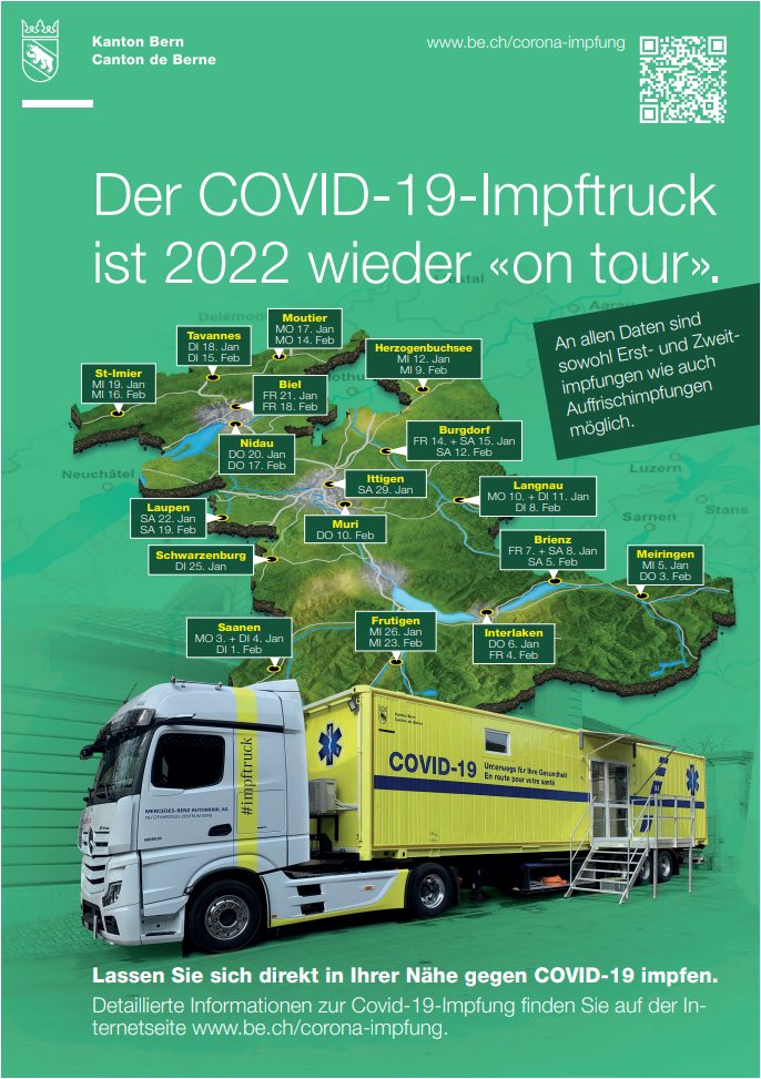 Impfen und Boostern gleich vor der Haustüre. Der Impf-Truck kommt im Januar und Februar in alle Regionen des Kt. Bern.
