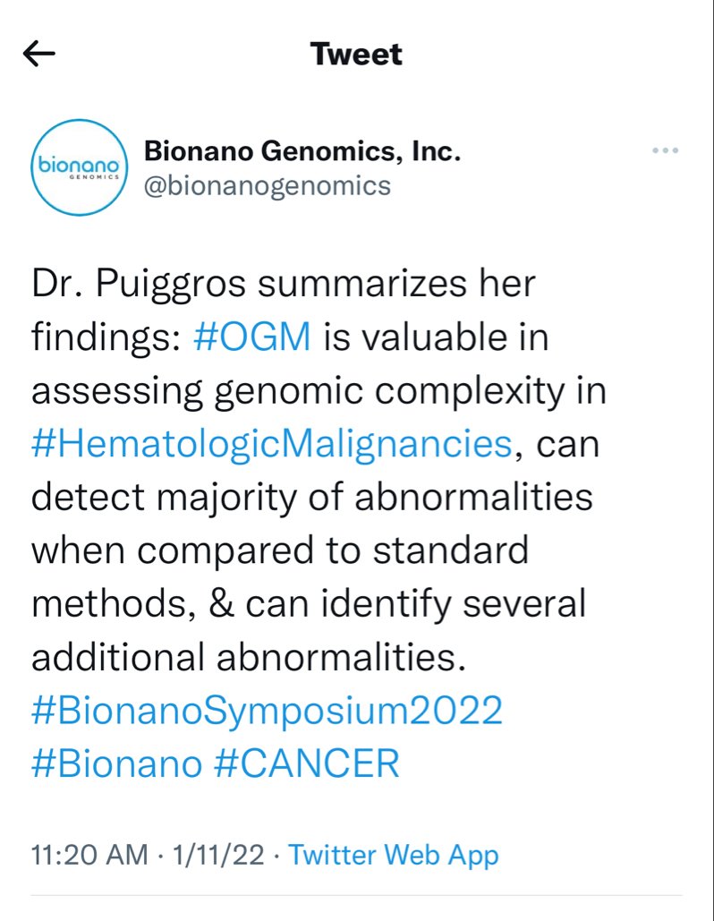 $BNGO 📣🔥BIONANO TWEET: Dr. Puiggros summarizes her findings: #OGM is valuable in assessing genomic complexity in #HematologicMalignancies, can detect majority of abnormalities when compared to standard methods, & can identif... stocktwits.com/CiscoTrader/me…