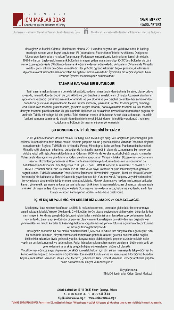 "Çağın Gerekliliklerine Aykırı" Tek Disiplin Merkezli Tasarım Yaklaşımını Reddediyoruz!

TMMOB İÇMİMARLAR ODASI BASIN AÇIKLAMASI

  #icmimarmeslekalanıgaspedilemez
#meslekalanımızadokuma #İçmimar #içmimarlık  #icmimarlıkyapıgruplarındandir
#içmimari #icmimarlarhaklarınıalıyor