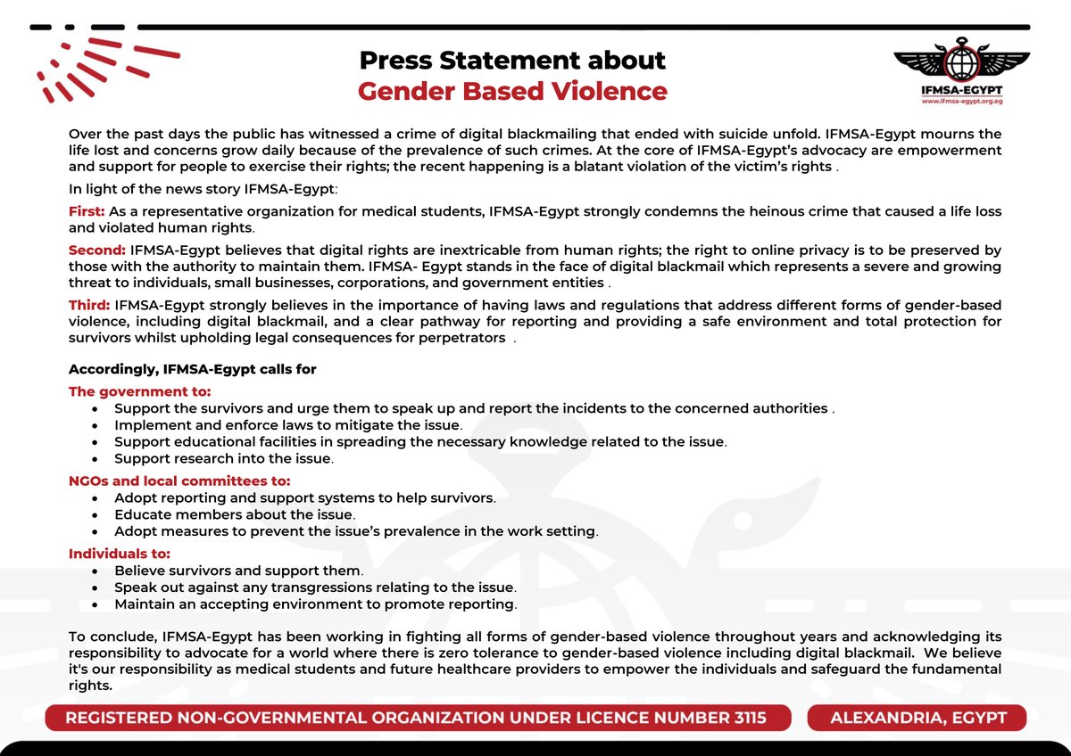 ifmsa_egypt's tweet image. بيان من الاتحاد الدولي لجمعيات طلاب الطب - مصر بخصوص قضايا العنف القائم على النوع الاجتماعي المثارة مؤخرًا.

IFMSA-Egypt Press Statement in the light of the recent happening against all forms of gender based violence especially digital blackmail.