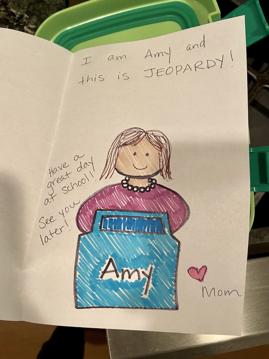 MegsFaughnan's tweet photo. @Jeopardamy Every day my first grader gets a lunch note to make lunchtime a little more exciting.  Today’s note:  Who is Amy Schneider? Keep being awesome. https://t.co/6zaJOn8zuv