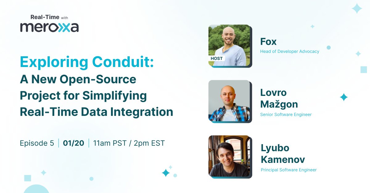 🗓️ Next Thursday, January 20, 2022 at 11am PST / 2pm EST, join Fox - Developer Advocate, Lovro Mažgon - Sr. Software Engineer and Lyubo Kamenov - Principal Software Engineer as they discuss ways to simplify real-time data integrations. 

Register here: 
hubs.la/Q011WJKS0