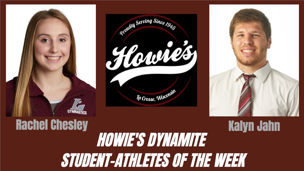 Congratulations to <a href="/UWLgymnastics/">UWL Gymnastics</a> Rachel Chesley and <a href="/UWL_Wrestling/">UWL Wrestling</a> Kalyn Jahn for being named the <a href="/HowiesLaCrosse/">Howie's on La Crosse</a> Dynamite Student-Athletes of the Week. uwlathletics.com/howieshonor