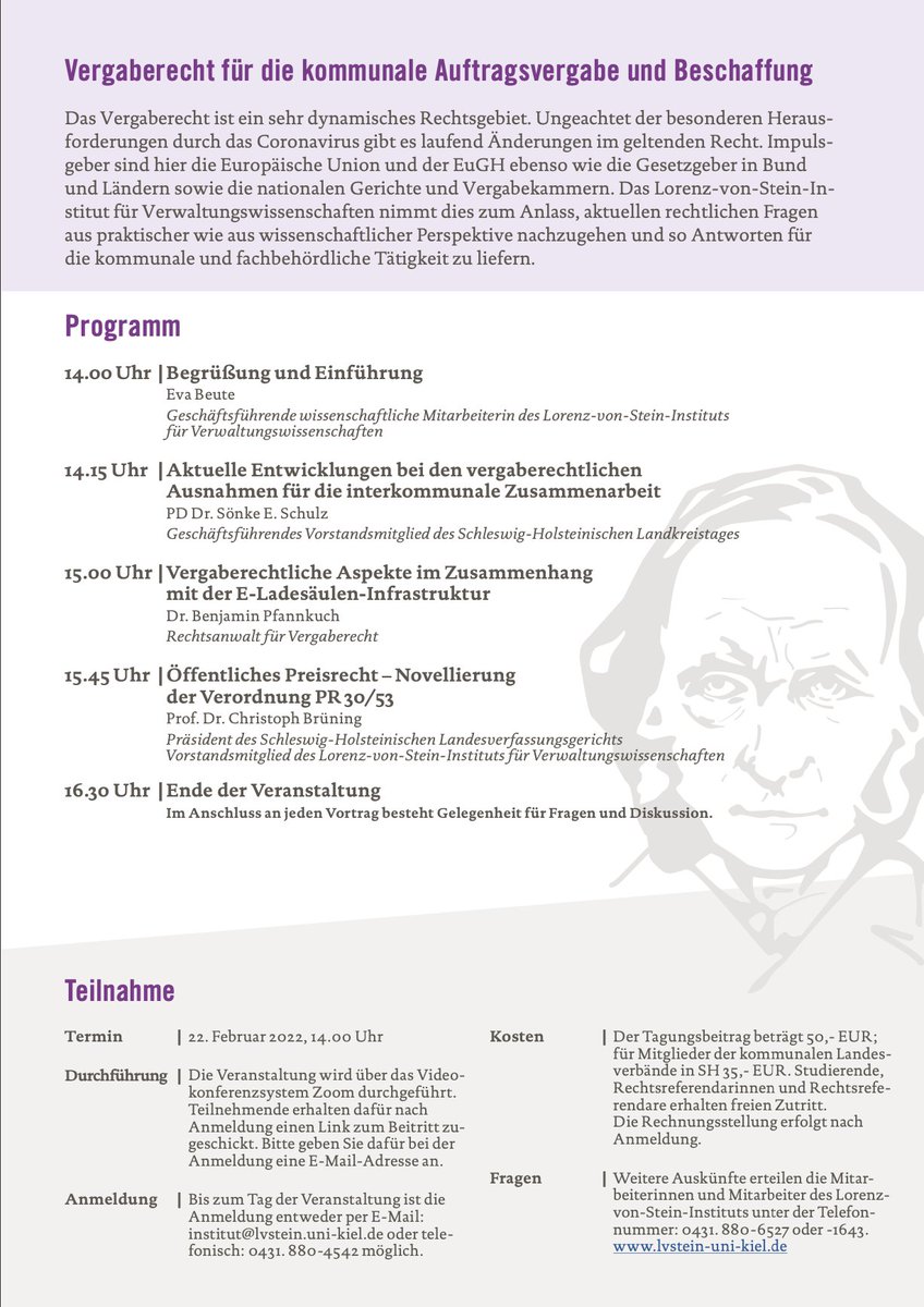 Das Institut veranstaltet am 22.02. eine virtuelle Vortrags- und Diskussionsveranstaltung zum Thema „Vergaberecht für die kommunale Auftragsvergabe und Beschaffung“. Wir freuen uns über Ihre Teilnahme. Studierende, Rechtsreferendarinnen &amp; Rechtsreferendare erhalten freien Zutritt