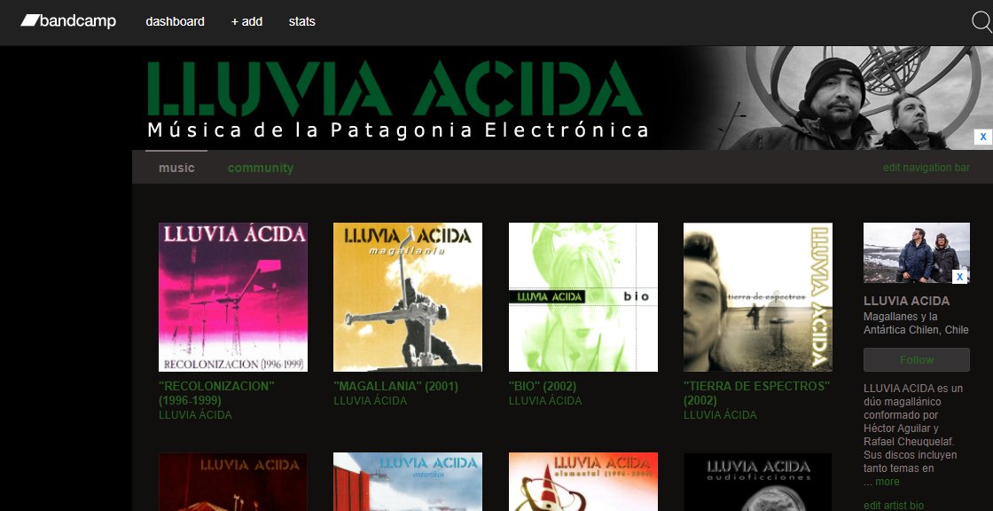 LLUVIA ACIDA (@lluviaacida) on Twitter photo Partimos 2022 publicando toda nuestra discografía en lluviaacidapatagonia.bandcamp.com <a href="/nuestrocanto/">NUESTRO CANTO</a> <a href="/Chilescucha/">Chilescucha Difusión Cultural</a> <a href="/musica_popular/">MusicaPopular.cl</a> <a href="/MusicaChilena/">Música de Chile</a> <a href="/rvletelier/">Radio Valentín Letelier</a> <a href="/RadioTVLiberaci/">RadioTV-Liberación RTVL</a> <a href="/soundscolours/">Sounds and Colours</a> <a href="/NoiseyenEspanol/">Noisey en Español</a> <a href="/POUSTA/">POUSTA</a> <a href="/potq/">POTQ Magazine</a> @pueblonuevo_cl <a href="/GrietaMag/">Grieta Mag</a> <a href="/super45/">super45.fm</a> <a href="/absentamusical/">Absenta Musical</a> <a href="/todalaculturacl/">Toda la Cultura CL</a> Partimos 2022 publicando toda nuestra discografía en lluviaacidapatagonia.bandcamp.com <a href="/nuestrocanto/">NUESTRO CANTO</a> <a href="/Chilescucha/">Chilescucha Difusión Cultural</a> <a href="/musica_popular/">MusicaPopular.cl</a> <a href="/MusicaChilena/">Música de Chile</a> <a href="/rvletelier/">Radio Valentín Letelier</a> <a href="/RadioTVLiberaci/">RadioTV-Liberación RTVL</a> <a href="/soundscolours/">Sounds and Colours</a> <a href="/NoiseyenEspanol/">Noisey en Español</a> <a href="/POUSTA/">POUSTA</a> <a href="/potq/">POTQ Magazine</a> @pueblonuevo_cl <a href="/GrietaMag/">Grieta Mag</a> <a href="/super45/">super45.fm</a> <a href="/absentamusical/">Absenta Musical</a> <a href="/todalaculturacl/">Toda la Cultura CL</a>