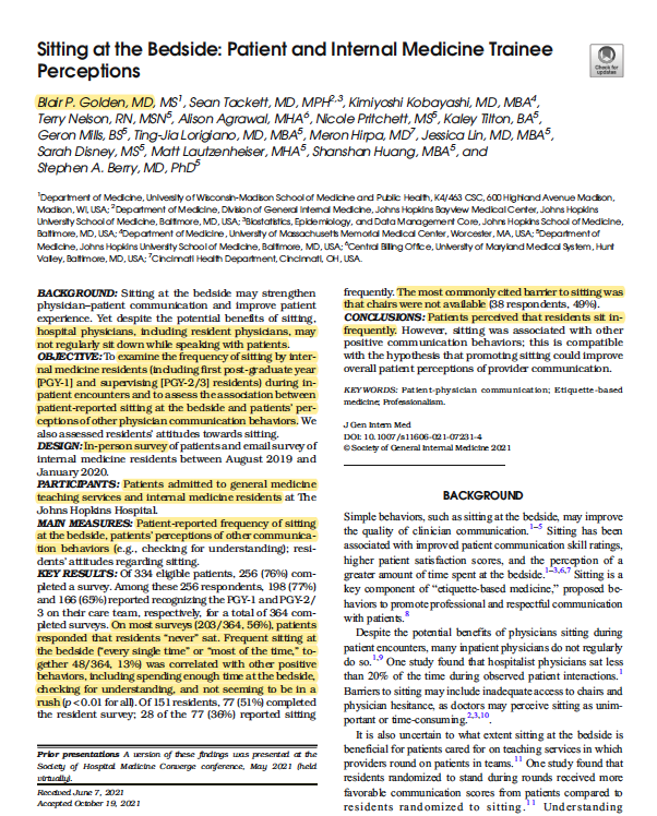 WrayCharles's tweet photo. Proud #PapaBear Day #2.

Another @JHospMedicine Editorial Fellow, @blairgolden w/this research in @JournalGIM on "Sitting at the Bedside"

Despite knowing its potential benefits, trainees don't do it as much as we'd like (lots of potential reasons!)

https://t.co/6m37ICyOL1 https://t.co/ztLy360S4y