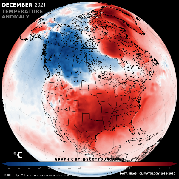 ScottDuncanWX's tweet photo. You are looking at the hottest December in recorded history for the USA 🇺🇸

The level of heat in central/southern States is absurd. Stark contrast to the brutal cold in Canada 🇨🇦 https://t.co/8X8kjdOxQv