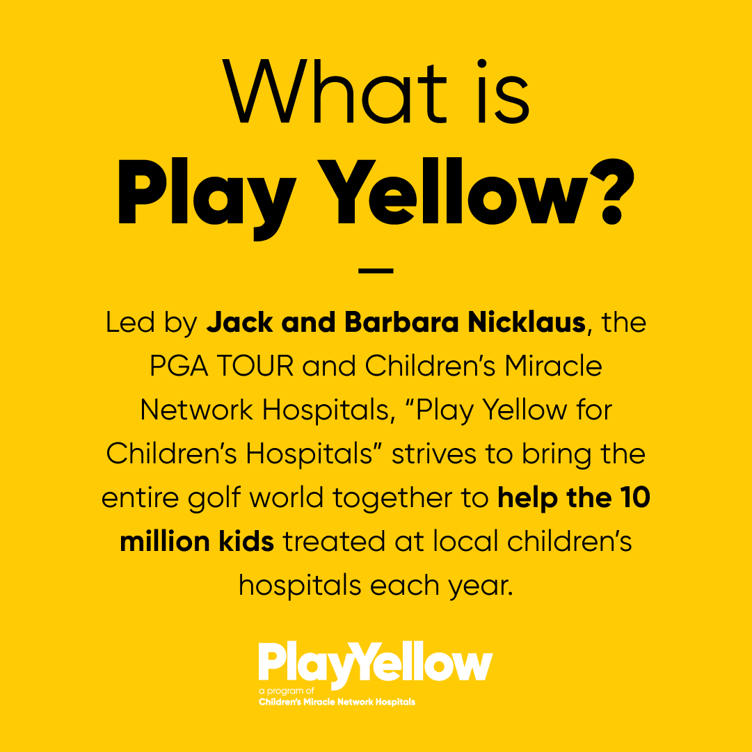 PlayYellow4Kids's tweet photo. New to #PlayYellow? Barbara and @JackNicklaus and the @PGATOUR and Children's Miracle Network Hospitals are inviting you to PLAY YELLOW. Play Yellow means you're supporting the children in your local children's hospital. #ChangeKidsHealth https://t.co/PS7mWKY5Ig