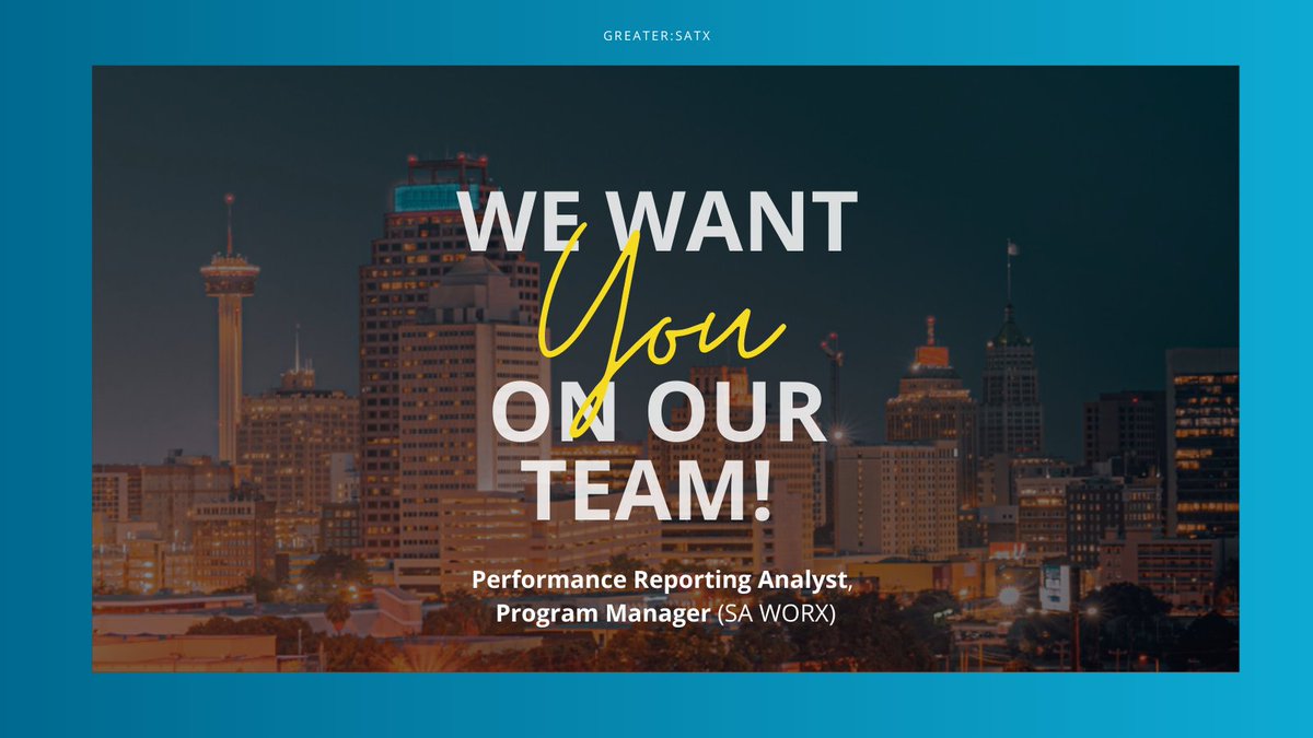 Join our Team: greater:SATX is hiring two positions, a Program Manager supporting <a href="/Greater_SA_WORX/">SA WORX</a> and a Performance Reporting Analyst. 

Learn more about the current job opportunities and apply today >> bit.ly/3zuqfVE